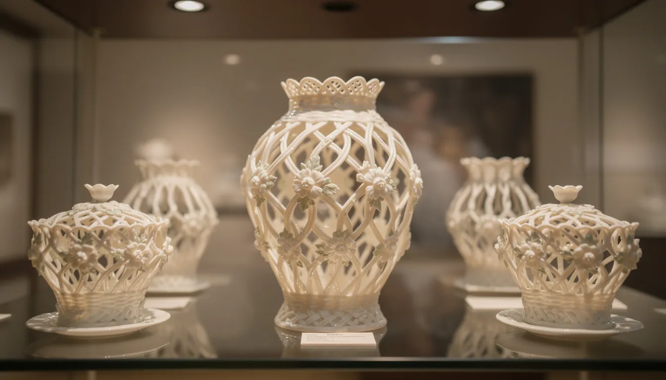 The image showcases a collection of delicate Belleek pottery pieces, prominently featuring the famous basket weave designs, elegantly displayed in museum cases at the Fermanagh County Museum. This exhibition highlights the rich craftsmanship and cultural heritage of County Fermanagh, making it a significant attraction for visitors at Enniskillen Castle.