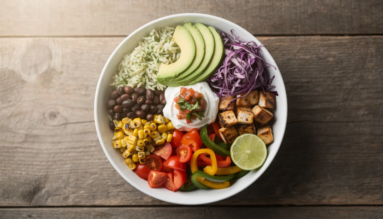 A vibrant burrito bowl filled with fresh, colorful ingredients such as grilled chicken, black beans, corn, and diced vegetables, creating a delicious and healthy meal perfect for a quick lunch in Belfast. This dish showcases a range of flavors that are sure to please any palate, making it an ideal choice for work colleagues or friends looking to enjoy good food together.