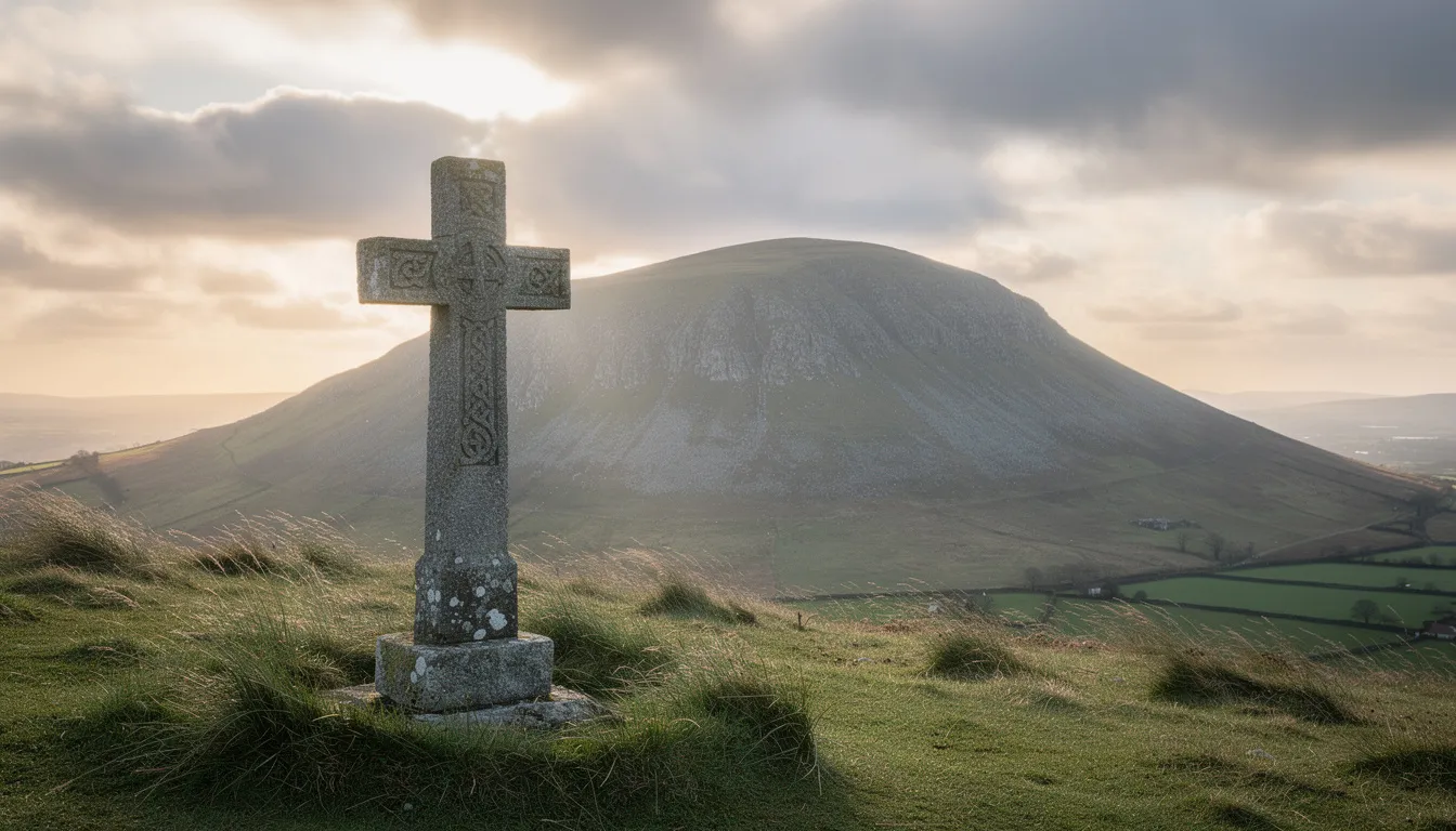 The image features a stone cross monument set on a grassy hillside, symbolizing Saint Patrick's spiritual connection to Slemish Mountain in County Antrim, Northern Ireland. The picturesque landscape showcases the surrounding Antrim Hills, inviting visitors to explore this historic site linked to the legendary first known Irish bishop.