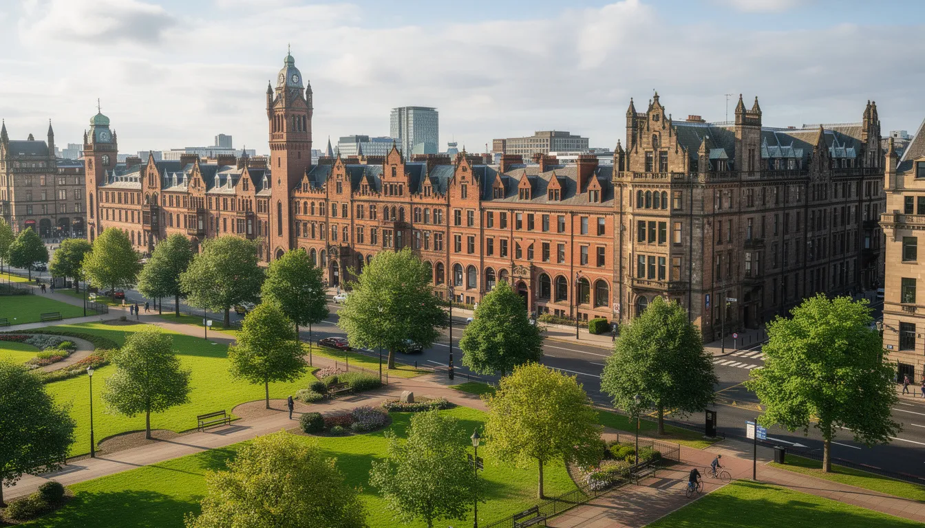 The image captures the vibrant Belfast cityscape, showcasing a blend of historic buildings like the iconic Belfast City Hall and lush green spaces such as the Botanic Gardens. This picturesque view highlights the rich history and stunning architecture of Northern Ireland, inviting visitors to explore free attractions and enjoy a lovely walk through the city.