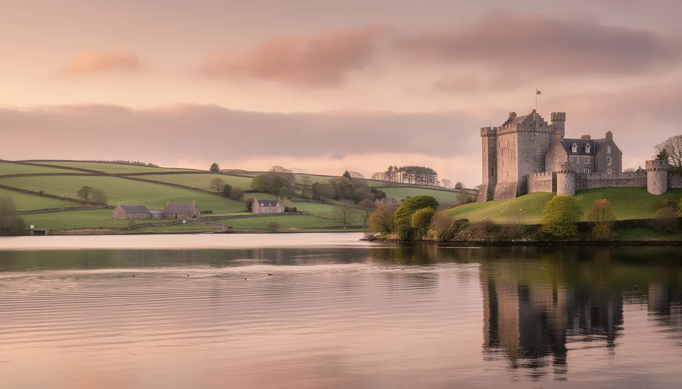 The image depicts historic Enniskillen Castle, a major tourist attraction in the island town of Enniskillen, overlooking the serene waters of Lough Erne, with the picturesque Irish countryside in the background. This scene captures the natural beauty and rich history of County Fermanagh, inviting visitors to explore its many hidden gems.