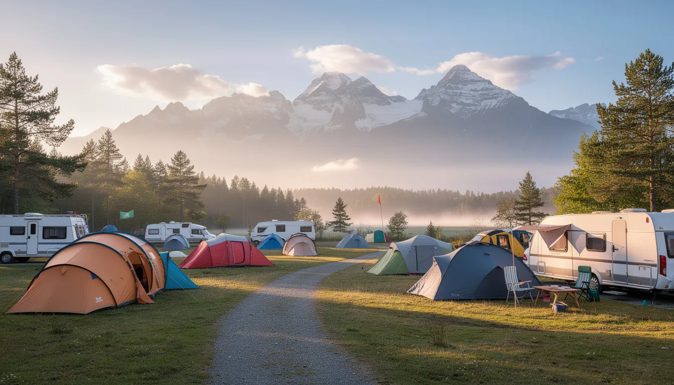 The image depicts a scenic camping area in Tollymore Forest Park, featuring a variety of tents and caravans set against the backdrop of the majestic Mourne Mountains. Surrounding the campsite are lush trees and paths leading to outdoor activities, showcasing the outstanding natural beauty of Northern Ireland.