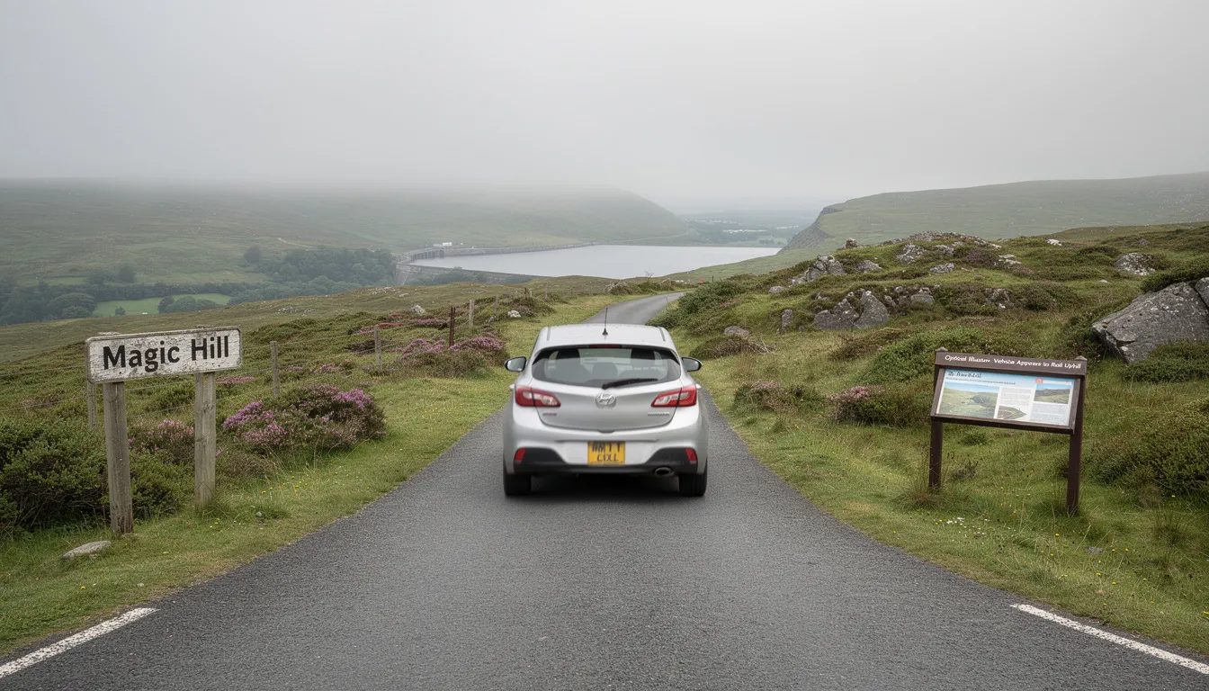 The image captures the intriguing magic hill phenomenon near Spelga Dam in Northern Ireland, where a car appears to roll uphill against the force of gravity. Surrounded by the beautiful Mourne Mountains and the serene Silent Valley Reservoir, this optical illusion draws visitors to experience the unique landscape and enjoy the peaceful lookout.
