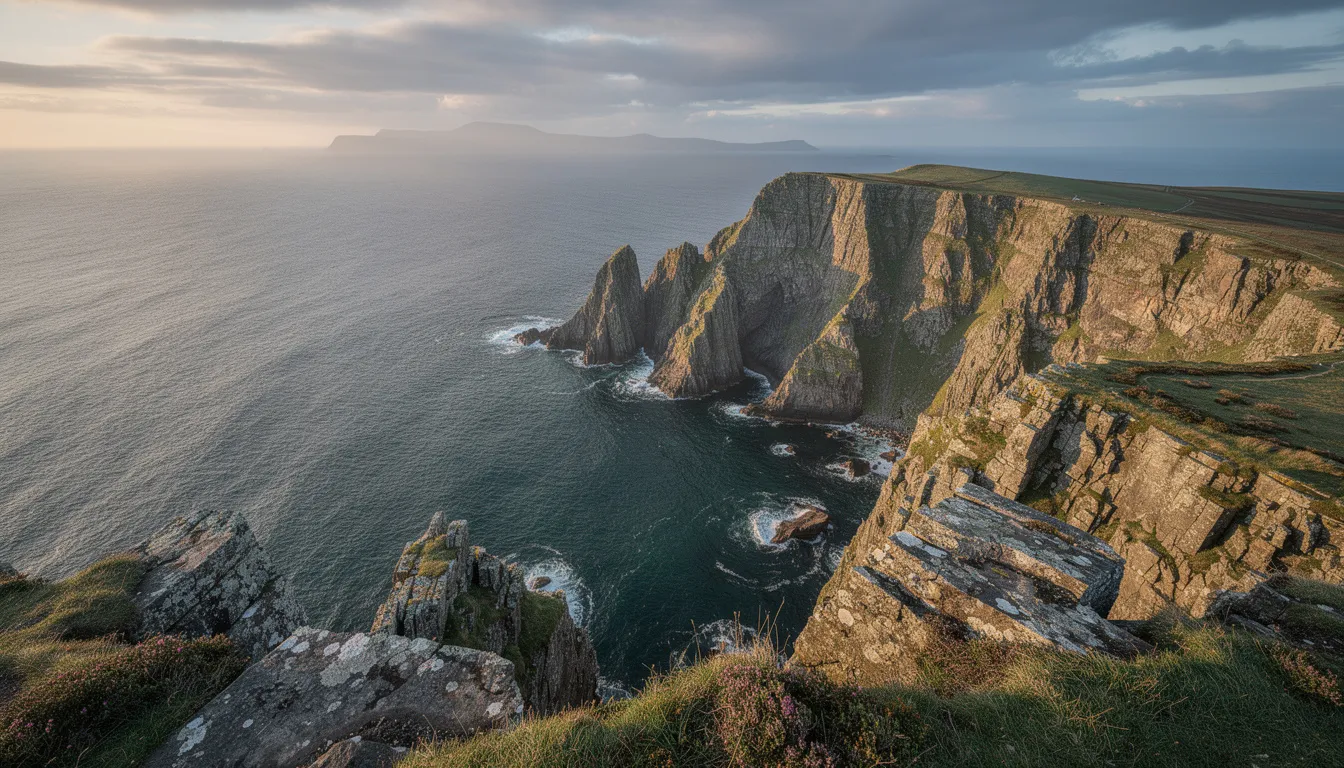 The image captures the dramatic rocky coastline of Torr Head, showcasing spectacular views across the North Channel toward Scotland on a clear day. The rugged headland, part of the Causeway Coastal Route in County Antrim, features a narrow road leading to a car park, with Murlough Bay and the distant Mull of Kintyre visible in the background.