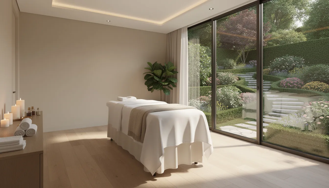 The image depicts an elegant spa treatment room featuring floor-to-ceiling windows that offer a serene view of manicured gardens, creating a tranquil atmosphere for relaxation. This luxurious setting is ideal for guests seeking a rejuvenating experience in a five-star hotel in Belfast.