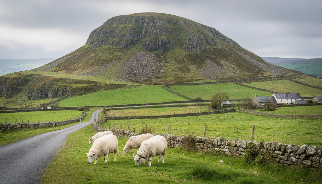 The image depicts Slemish Mountain, an extinct volcano, rising dramatically above the lush County Antrim countryside, with sheep peacefully grazing in the foreground fields. This iconic landmark, associated with Saint Patrick, is a popular destination for visitors exploring Northern Ireland's beautiful landscapes.