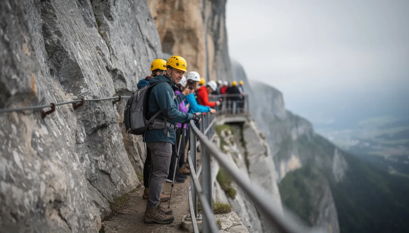 A close-up view captures visitors wearing hard hats as they walk single-file along the narrow Gobbins cliff path, surrounded by dramatic basalt cliffs and the crashing waves of the Irish Sea. This unique attraction in County Antrim offers a guided tour through a natural habitat filled with stunning coastal scenery.