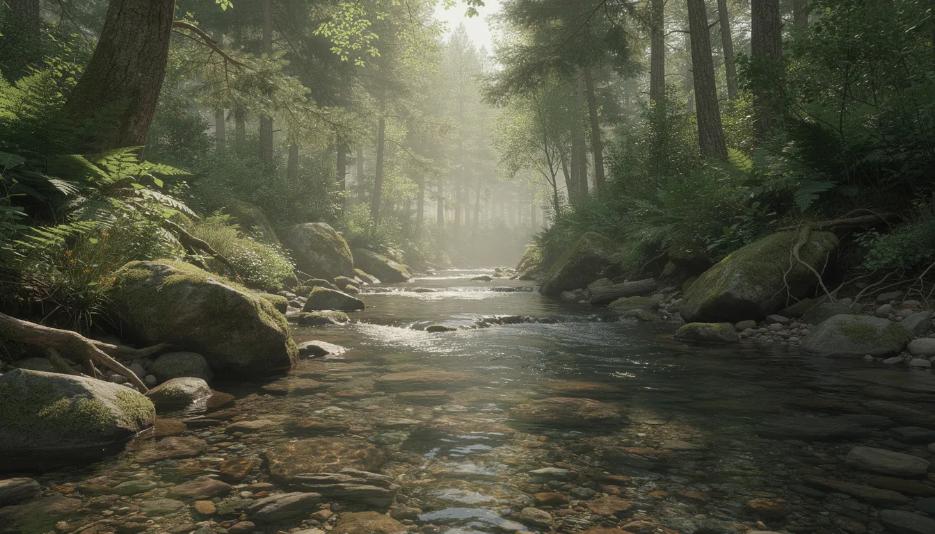 A crystal clear river flows through dense woodland, with rocky banks lined by exotic trees, showcasing the outstanding natural beauty of Tollymore Forest Park in Northern Ireland. The serene scene invites outdoor enthusiasts to explore the surrounding mountains and enjoy various activities along the river path.