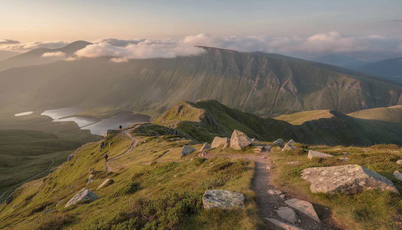 A panoramic view of the Mourne Mountains showcases scenic landscapes with hiking trails winding through the beautiful mountains, including the tranquil Silent Valley Reservoir and the glassy waters of Spelga Dam. This picturesque setting in Northern Ireland invites visitors to explore family-friendly walks and enjoy the peaceful lookout spots that highlight the area's natural beauty.