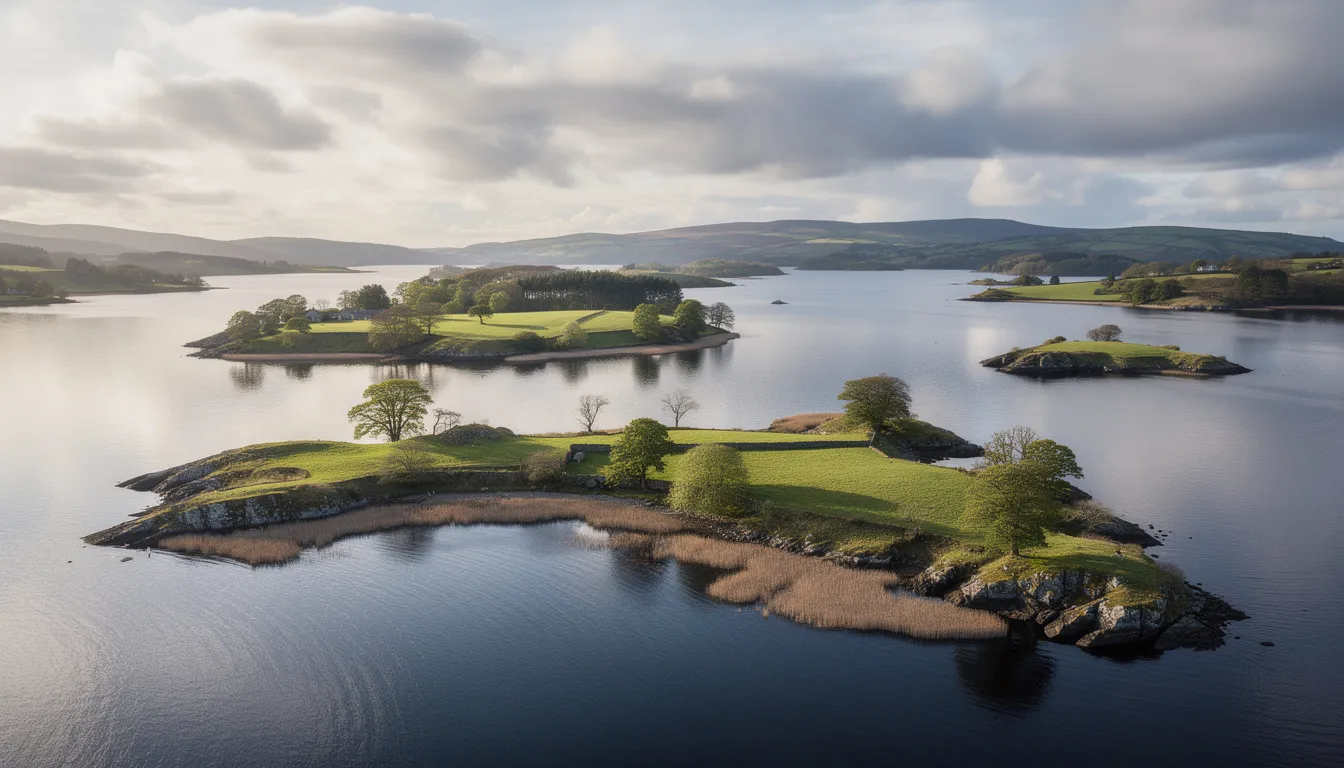 A scenic view captures multiple small islands scattered across the calm waters of Lough Erne, framed by a partly cloudy sky typical of Northern Ireland. This picturesque landscape, part of the Fermanagh Lakelands, invites visitors to explore the natural beauty of the only island town of Enniskillen and its surrounding area.