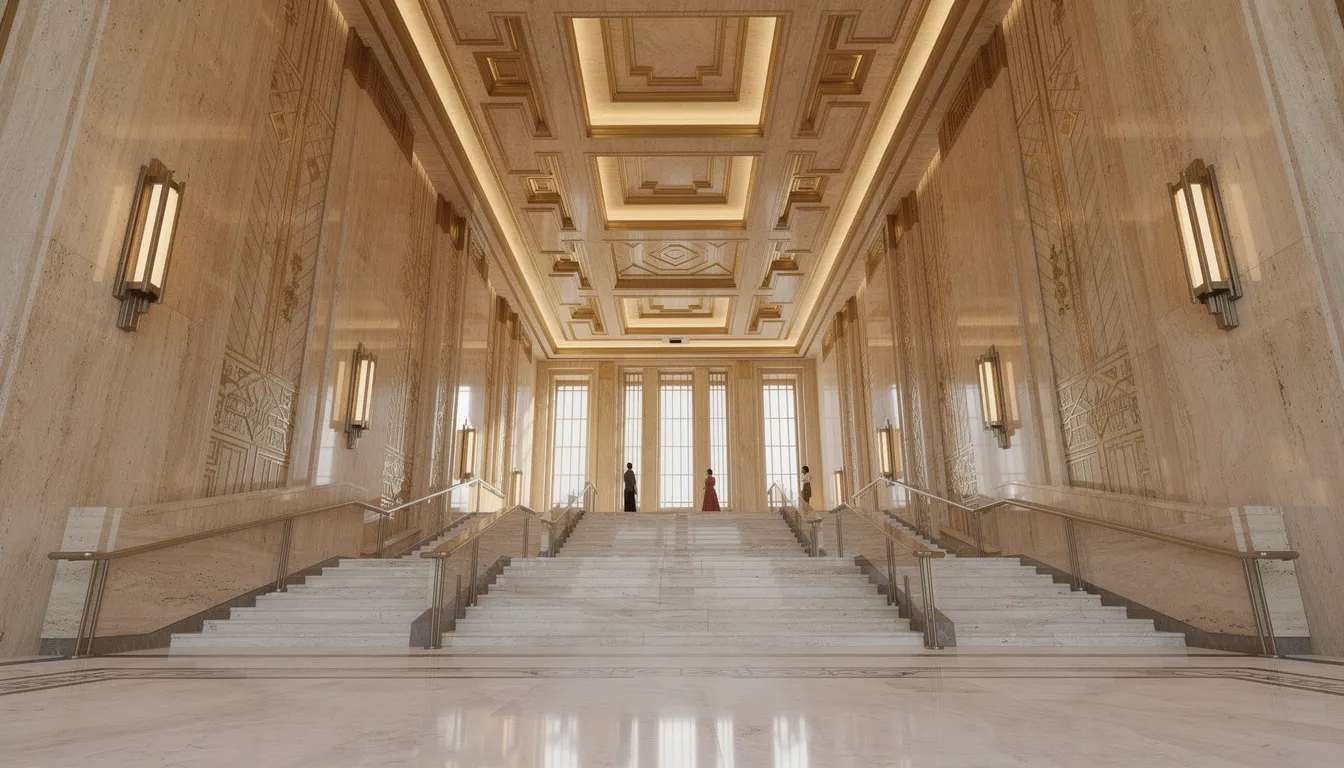 The image showcases the interior of the Great Hall, featuring polished travertine marble walls, an ornate coffered ceiling, and a grand staircase, all exemplifying the stunning Art Deco architecture of the Stormont Building in Belfast. This elegant space serves as a significant venue for events related to the Northern Ireland Assembly and its various departments.