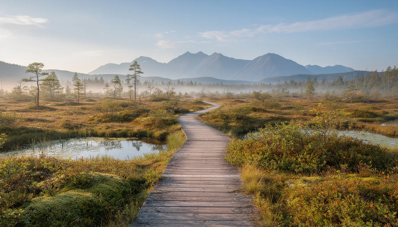 A wooden boardwalk trail winds through a pristine bog landscape, surrounded by the picturesque foothills and distant mountains of County Fermanagh, Northern Ireland. This natural beauty offers a unique experience for visitors exploring the Fermanagh lakelands and the island town of Enniskillen, a major tourist attraction known for its rich history and outdoor adventure opportunities.