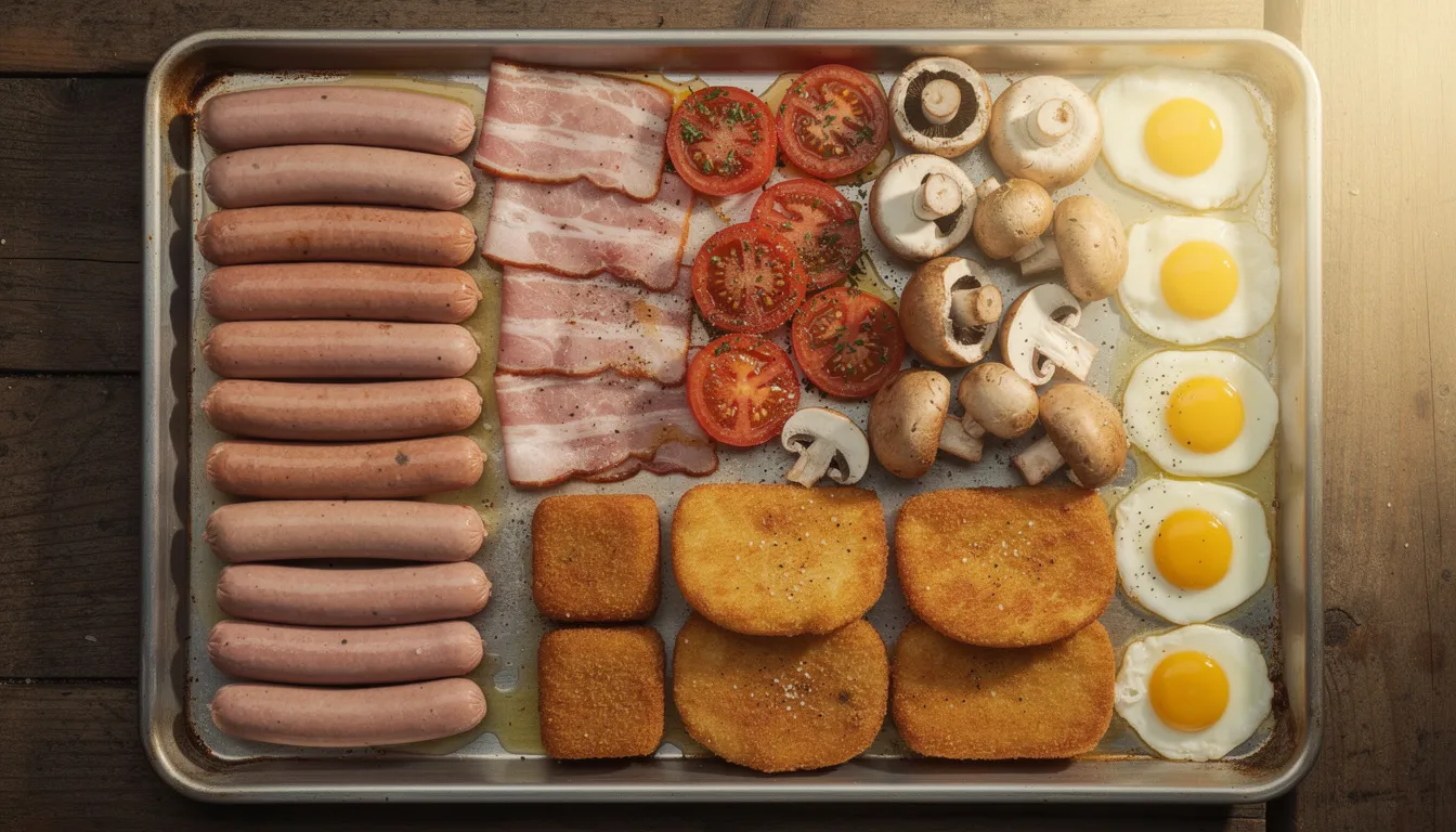 A large baking tray is filled with various components of a traditional Ulster fry, including golden brown fried eggs, cooked bacon, black pudding, potato farls, and grilled tomatoes, all arranged neatly for oven cooking. The tray also features slices of soda bread, fried mushrooms, and baked beans, showcasing a hearty Northern Ireland breakfast.