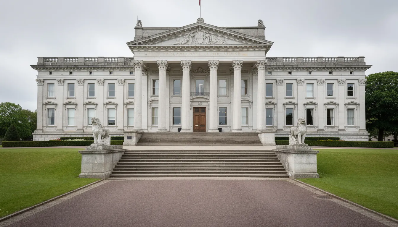 The image shows the exterior of the Parliament Buildings on the Stormont Estate, featuring its striking white Portland stone facade and six grand classical columns. This iconic structure serves as the seat of the Northern Ireland Assembly in Belfast, symbolizing governance and community engagement in the region.