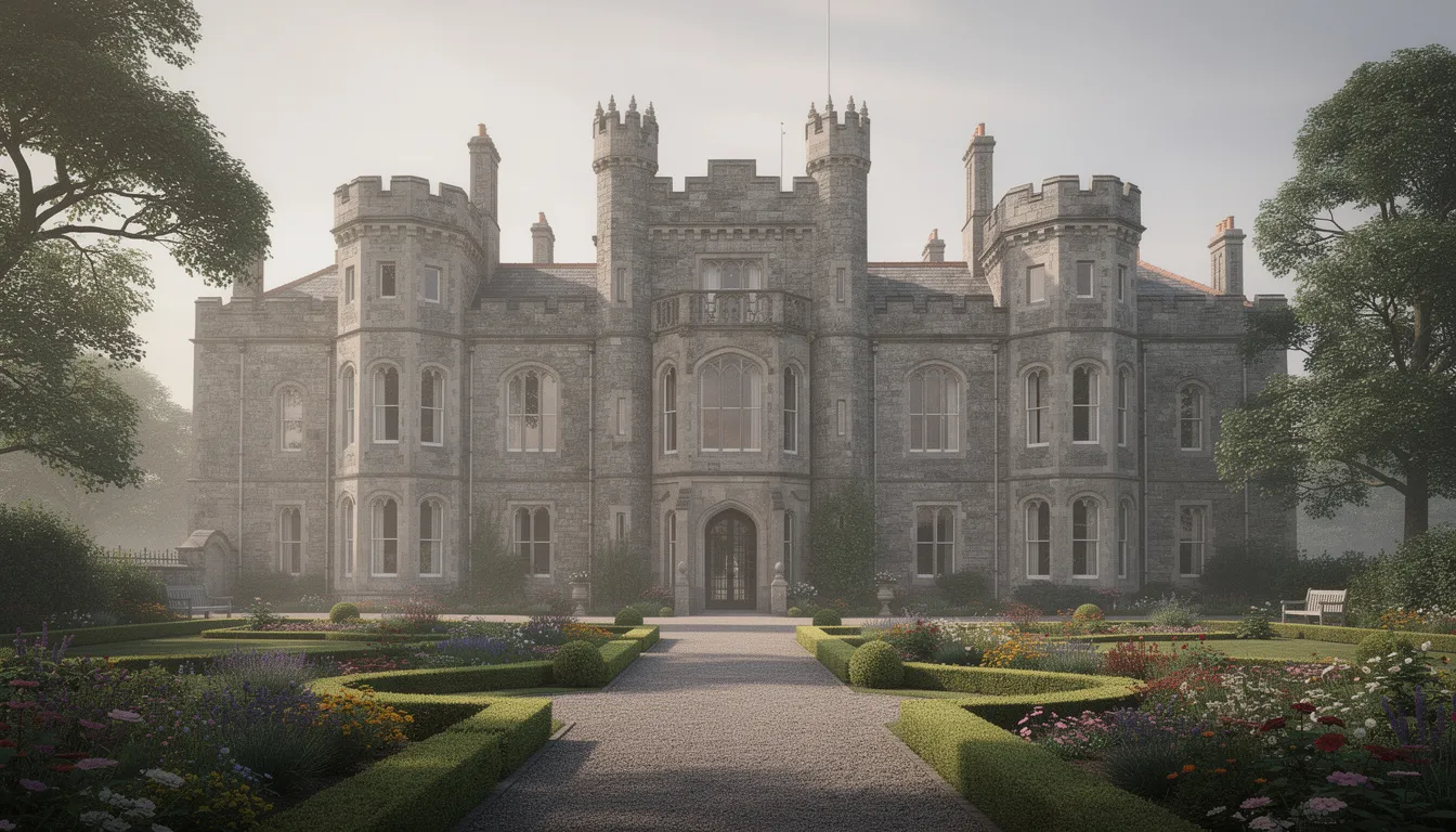 The image depicts the Victorian-era Bangor Castle, characterized by its distinctive towers and surrounded by beautifully manicured gardens, set against the backdrop of Bangor, Northern Ireland. This historic castle is a prominent feature of the seaside city, reflecting its long and varied history as a fashionable resort.