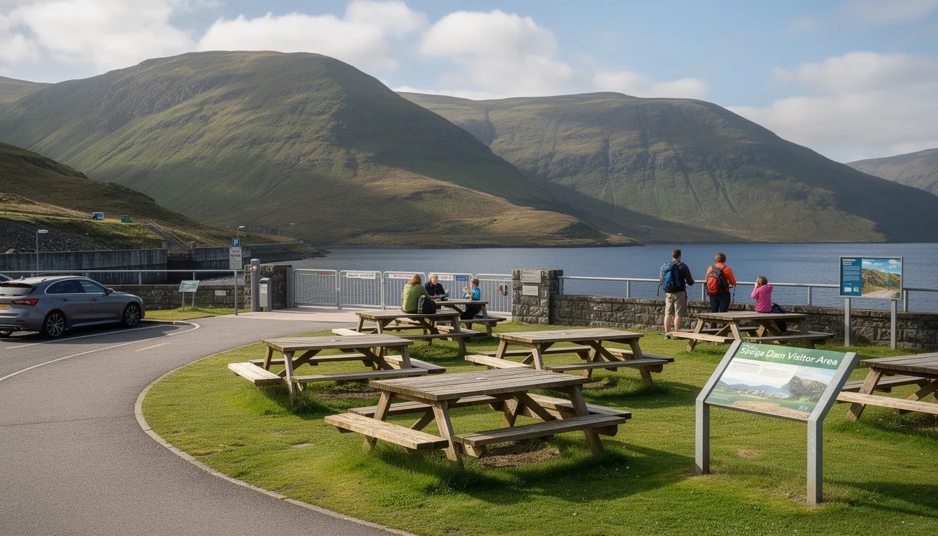 The image showcases the visitor facilities at Spelga Dam in Northern Ireland, featuring picnic areas surrounded by beautiful mountain views of the Mourne Mountains. Visitors can enjoy a peaceful lookout over the glassy reservoir, with accessible spaces for families and short walks nearby.