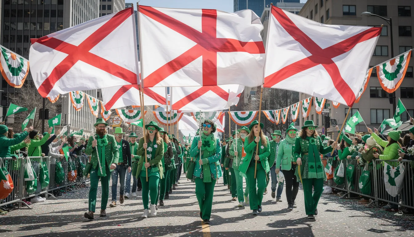 Participants in a vibrant St. Patrick's Day parade are proudly carrying red saltire flags, symbolizing the rich cultural heritage of Northern Ireland. The festive atmosphere is enhanced by the presence of various other flags, including the Irish tricolour and the union flag, celebrating the diversity of the event.