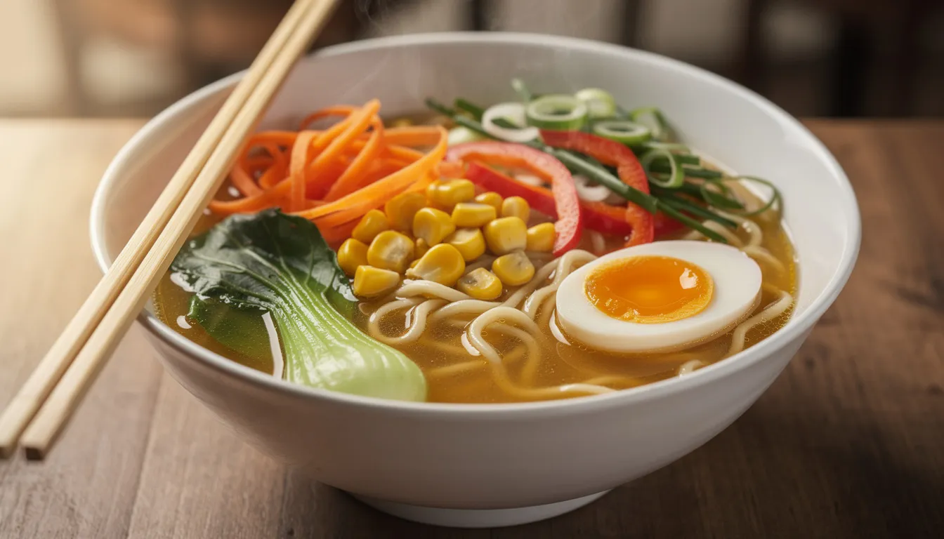 A steaming bowl of ramen is filled with colorful vegetables and is accompanied by a pair of chopsticks, showcasing a delicious meal perfect for a quick lunch. This vibrant dish reflects the extensive menu options available at some of the best restaurants in Belfast, where locals and visitors alike can enjoy fresh, tasty food.