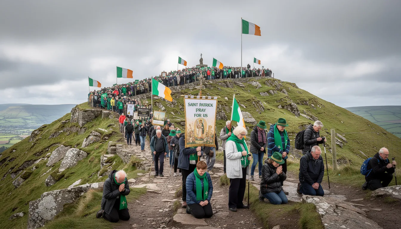 A large crowd of pilgrims is seen climbing Slemish Mountain on Saint Patrick's Day, adorned with Irish flags and religious banners, amidst the scenic backdrop of County Antrim's Antrim Hills. The atmosphere is filled with reverence and celebration as people honor the legendary first Christian bishop, Saint Patrick, in this historic Irish home.