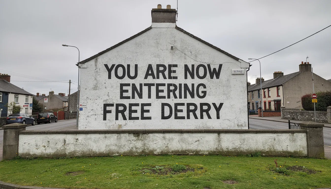The image depicts the iconic Free Derry Wall, showcasing the powerful slogan painted in bold black letters on a white gable wall, symbolizing the community's struggle for civil rights and freedom in Northern Ireland. This mural, located in Derry's Bogside, serves as a reminder of the region's history and the ongoing fight for justice and equality.