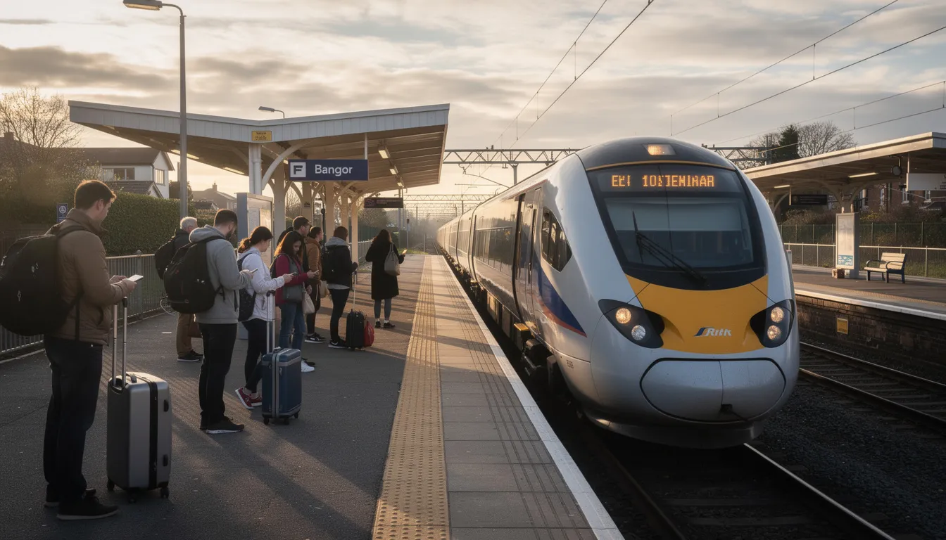 A modern train arrives at Bangor station in Northern Ireland, as passengers eagerly wait on the platform. The scene captures the vibrant atmosphere of this seaside city, known for its long and varied history and popular attractions along Bangor Bay.