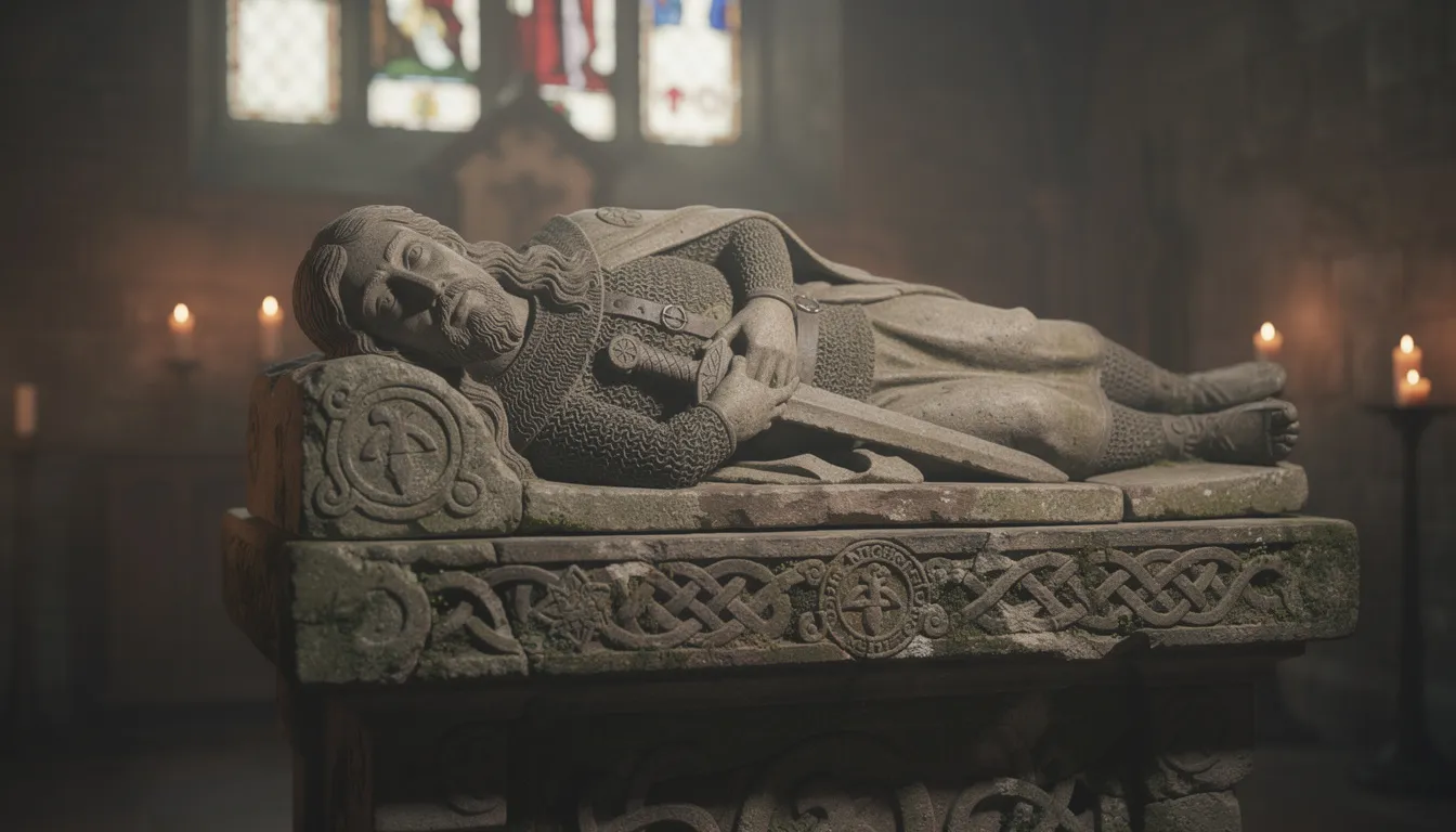The image depicts an ancient stone effigy of a Maguire clan leader, showcasing intricate medieval craftsmanship that highlights the rich history of the Maguire family in County Fermanagh. This historic artifact is part of the collections at Enniskillen Castle Museums, offering visitors a glimpse into the complex history and local craftsmanship of Northern Ireland.