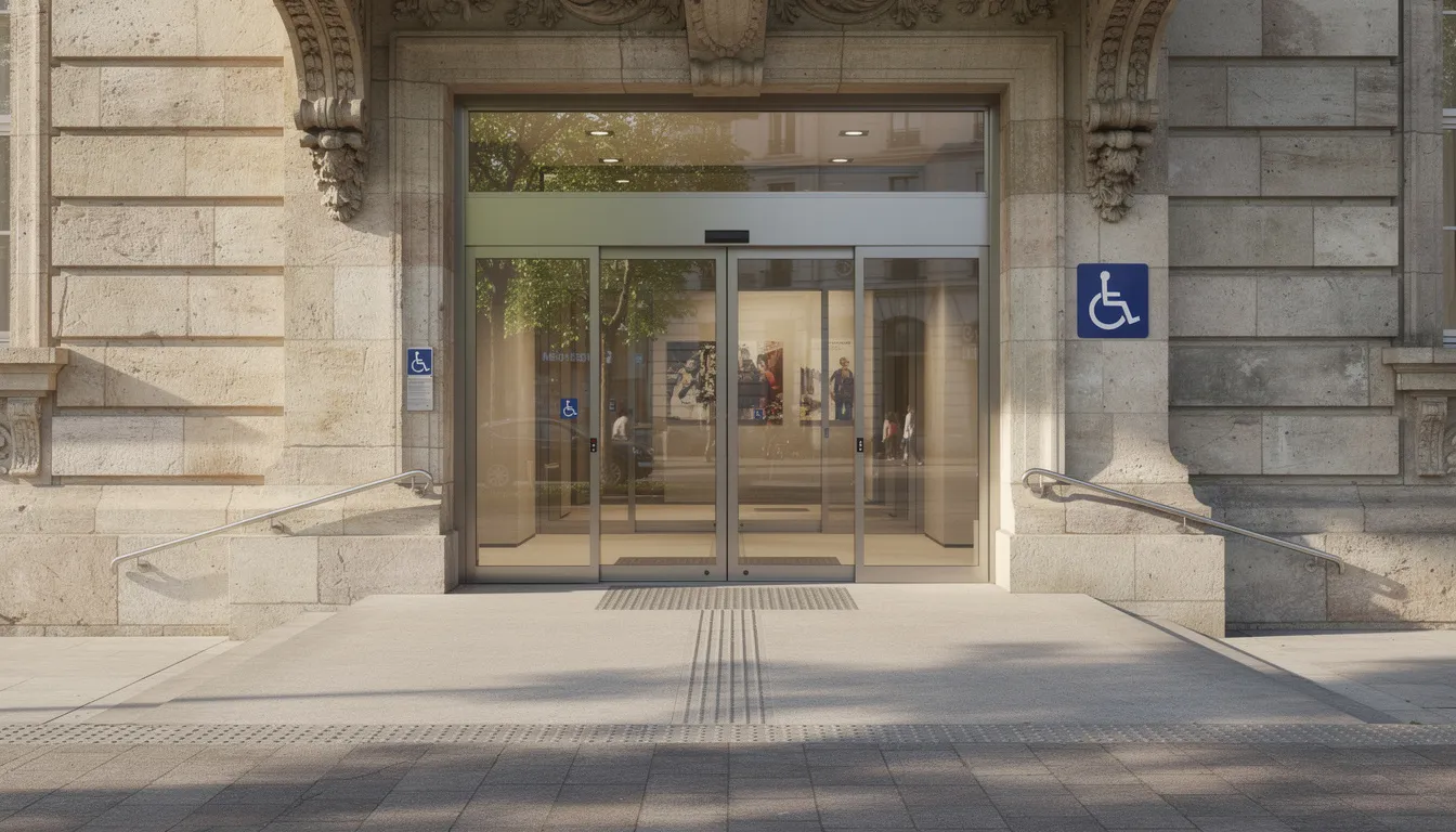 The image depicts an accessible entrance to the Fermanagh County Museum, featuring modern glass doors seamlessly integrated into the historic stone walls of Enniskillen Castle. This inviting entryway highlights the blend of contemporary design with the castle's rich history, making it welcoming for all visitors.