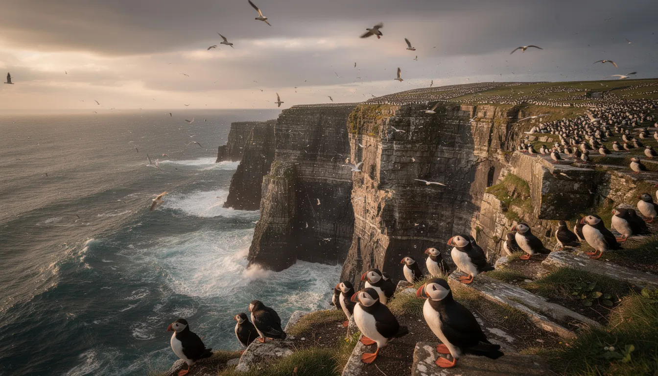 A vibrant scene showcases puffins and various seabirds nesting on dramatic cliff ledges, overlooking the crashing waves of the Irish Sea. This natural habitat is part of the Gobbins cliff path, a unique tourist attraction along the County Antrim coastline, known for its stunning views and marine life.
