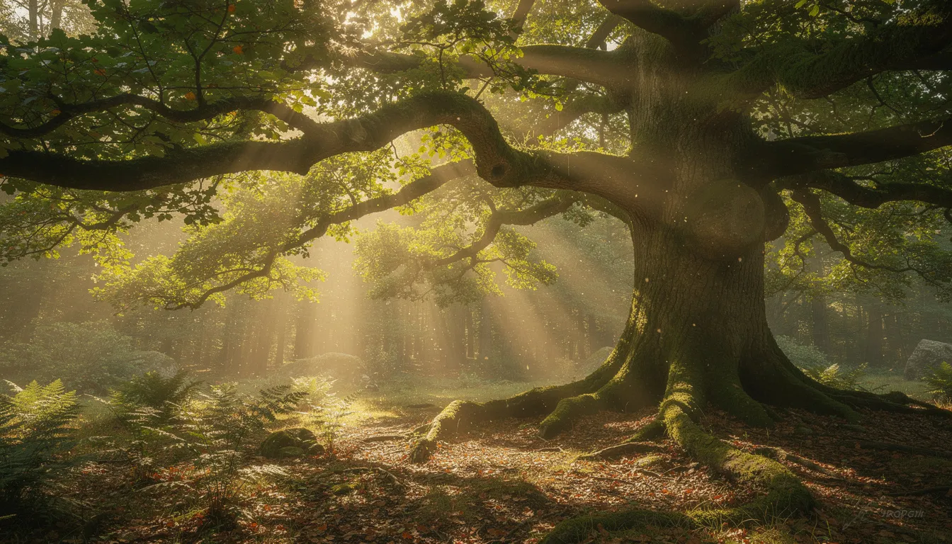 Sunlight filters through the ancient oak trees in a tranquil forest setting, creating a serene atmosphere perfect for a peaceful walk. This scene captures the outstanding natural beauty of places like Tollymore Forest Park in Northern Ireland, inviting nature lovers to explore the walking trails and enjoy a relaxing natural retreat.
