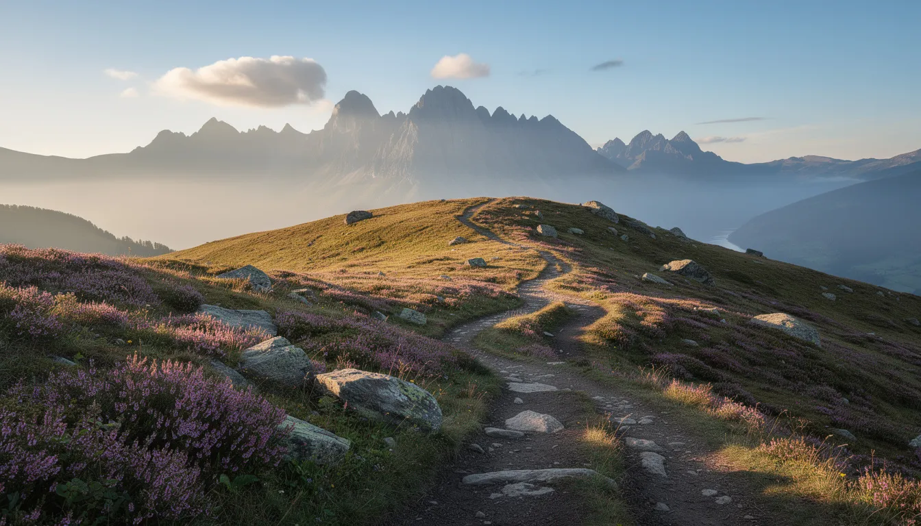 The image depicts a scenic mountain landscape in County Armagh, featuring winding hiking trails that traverse through vibrant heather-covered hills, showcasing the area's outstanding natural beauty. This picturesque setting invites outdoor enthusiasts to explore the rich heritage and history of the region, including nearby attractions like Armagh Observatory and Navan Fort.