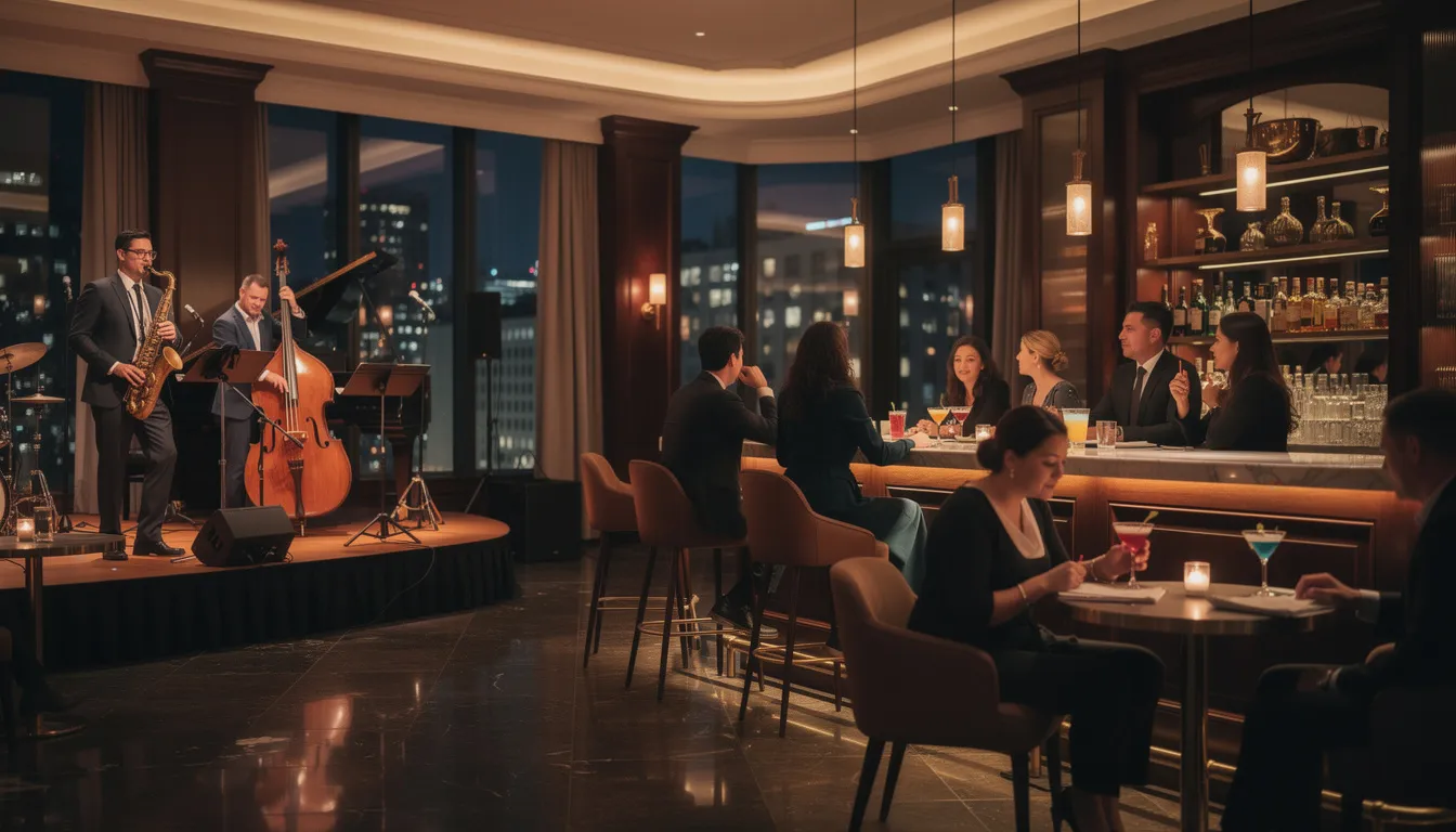 A sophisticated hotel bar in Belfast city centre showcases a live jazz performance, with guests enjoying cocktails in a warm and inviting atmosphere. This perfect spot for special occasions offers a unique blend of hospitality and charm, making it an ideal escape for travellers seeking a memorable night out.
