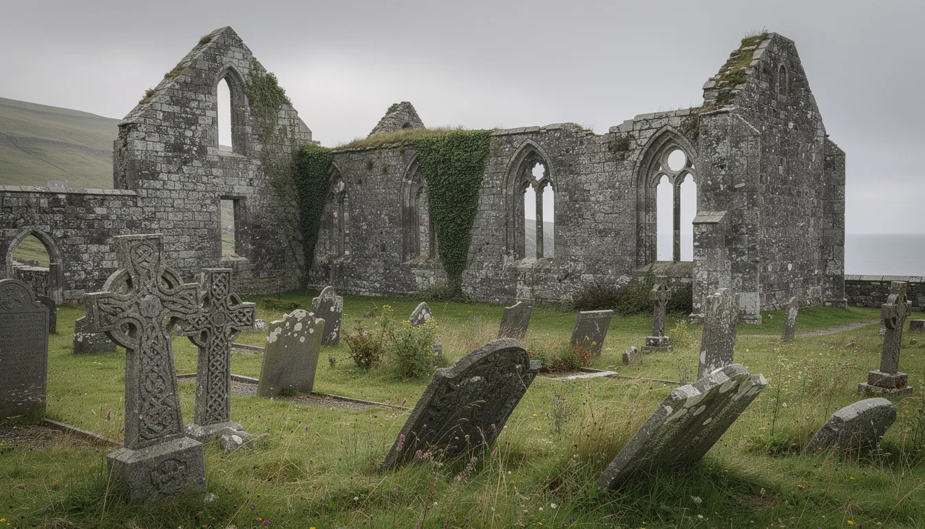 The image depicts the ancient stone ruins of Bangor Abbey, featuring intricately carved Celtic crosses and weathered gravestones, set against the backdrop of Bangor, Northern Ireland. This historical site reflects the long and varied history of the city, which has served as a popular tourist resort along the east coast.