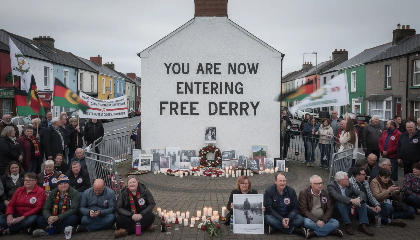 A large group of people is gathered at Free Derry Corner during a commemorative event, showcasing the iconic gable wall adorned with black lettering that symbolizes the ongoing struggle for civil rights and freedom in Northern Ireland. The crowd reflects a diverse community, united in solidarity and remembrance of the past, as they engage in discussions about international issues and the significance of the Free Derry movement.