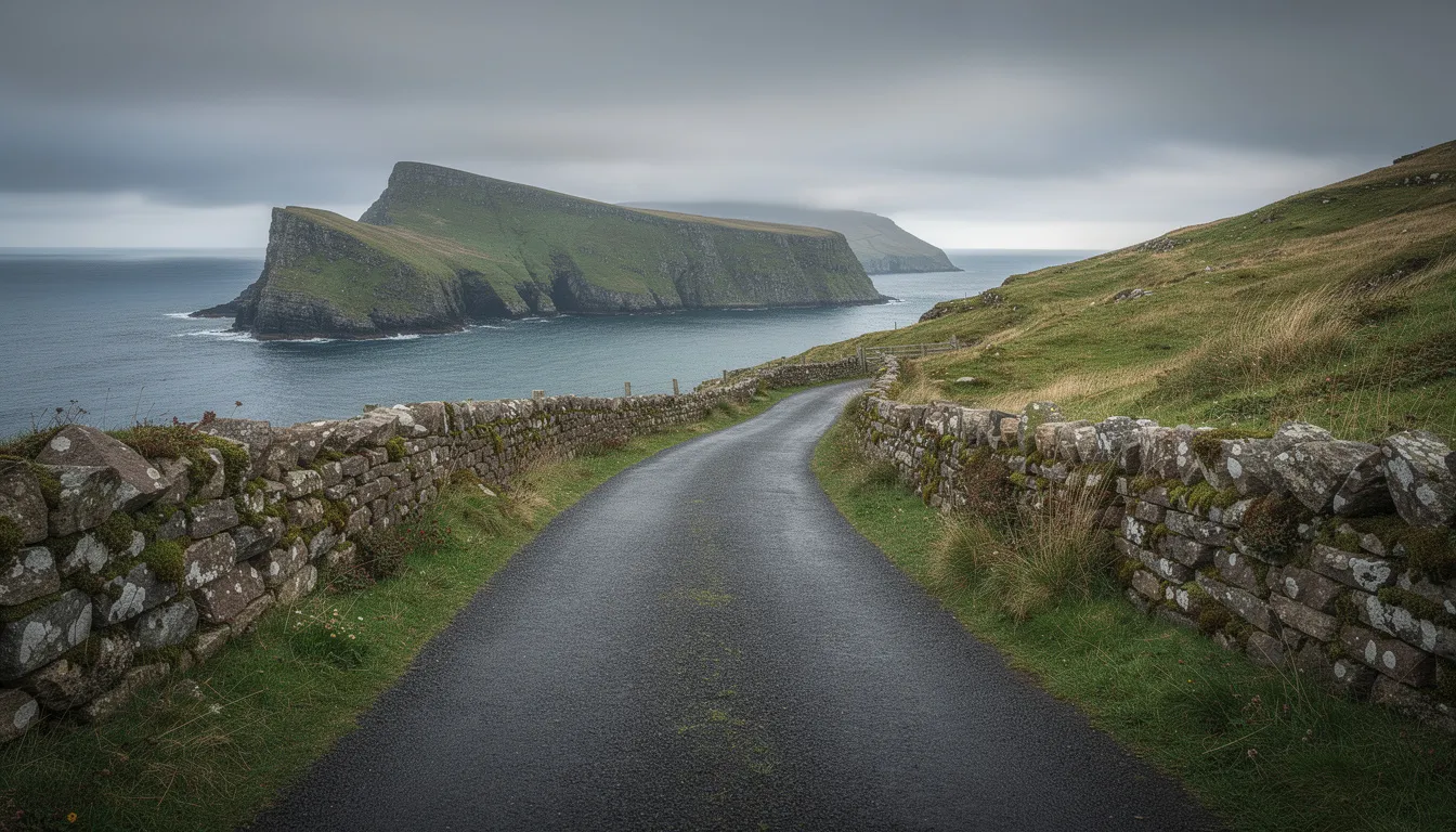 The image depicts a narrow winding coastal road with stone walls on either side, leading toward Torr Head in County Antrim, Northern Ireland. This scenic route offers spectacular views of the North Channel and Murlough Bay, inviting travelers to explore the area’s rich history and natural beauty.
