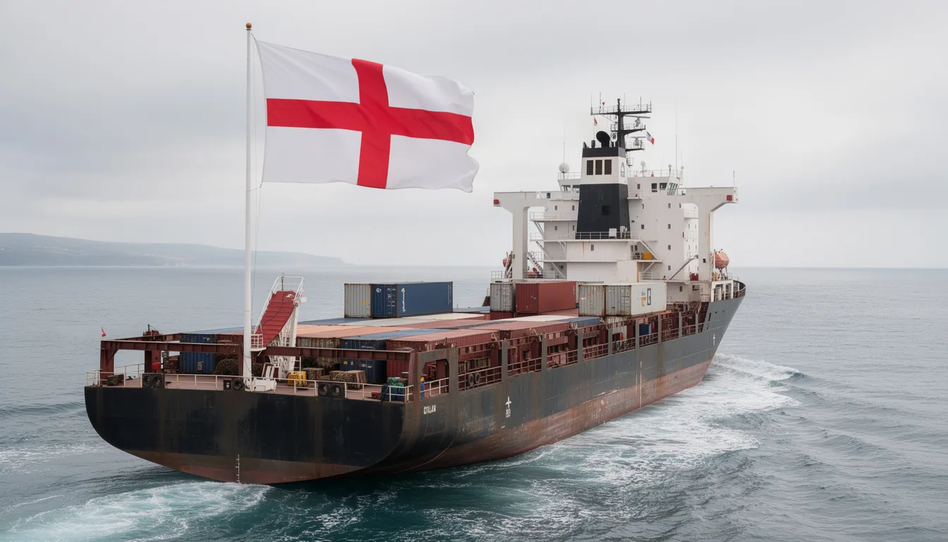 An Irish merchant vessel is depicted sailing with the St. Patrick's Saltire, also known as the red diagonal cross, prominently displayed at its stern. The flag symbolizes the patron saint of Ireland, St. Patrick, and adds a touch of cultural heritage to the ship's appearance.