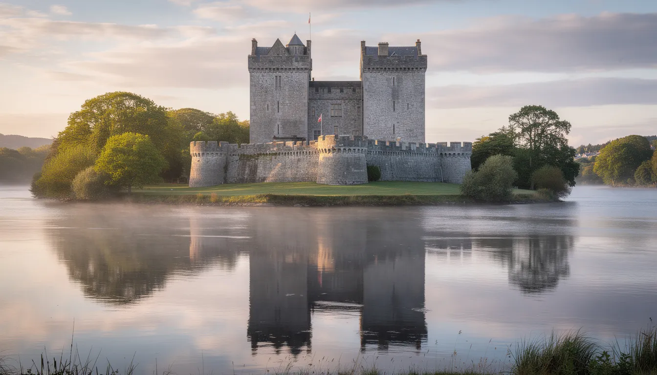 The image depicts the historic Enniskillen Castle, characterized by its twin towers rising majestically from Castle Island beside the River Erne. This iconic landmark, a key part of County Fermanagh's rich history, houses the Fermanagh County Museum and the Inniskillings Museum, inviting visitors to explore the area's complex history and heritage.