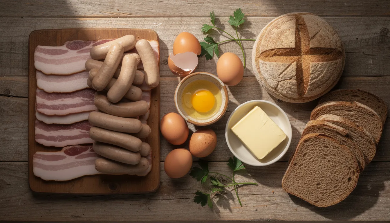 A variety of fresh ingredients for a traditional Ulster fry are arranged on a countertop, including golden brown cooked bacon, sausages, fried eggs, and slices of soda bread and potato farls. The scene captures the essence of a hearty Irish breakfast, ready to be cooked and enjoyed.
