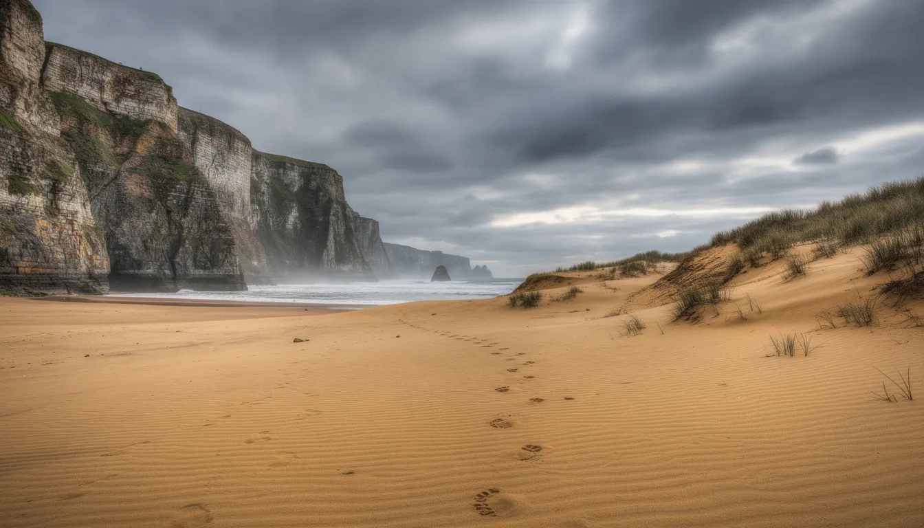 This image depicts a golden sandy beach framed by dramatic cliffs and rolling dunes, all set against a backdrop of cloudy skies, showcasing the outstanding natural beauty of Northern Ireland. The scene invites visitors to enjoy a tranquil walk along the coastline, perhaps as part of a walking tour on the famous Causeway Coastal Route.