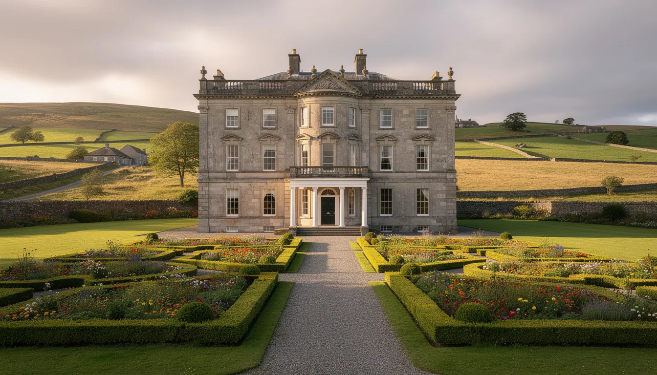 The image depicts an ornate Georgian mansion surrounded by meticulously manicured gardens, with the picturesque rolling hills of County Fermanagh in the background. This stunning scene captures the natural beauty of the island town of Enniskillen, a major tourist attraction in Northern Ireland, known for its rich history and proximity to attractions like Enniskillen Castle and the Fermanagh Lakelands.