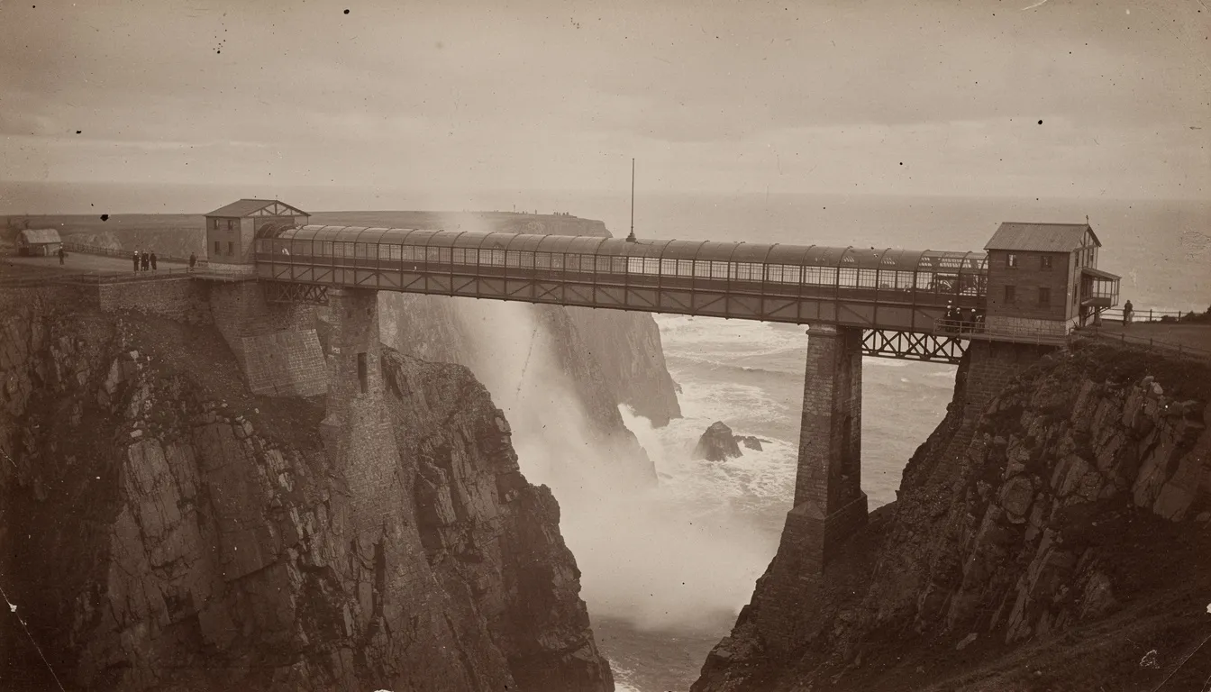 The historical photograph captures the original Victorian-era Tubular Bridge, elegantly spanning across a dramatic cliff chasm along the Gobbins cliff path in County Antrim, Northern Ireland. The image showcases the intricate design of the bridge against the backdrop of the rugged coastline and crashing waves of the Irish Sea, highlighting the natural beauty and engineering marvel created by railway engineer Berkeley Deane Wise.