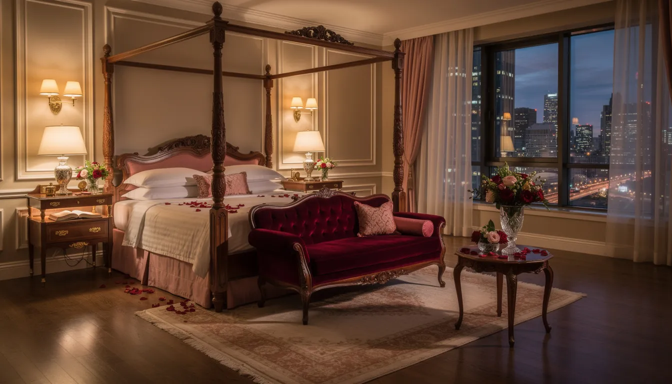 The image depicts a romantic hotel suite featuring elegant period furniture, vibrant fresh flowers, and stunning views of Belfast city centre. This charming space, ideal for special occasions, offers a warm welcome and personal touches that create a perfect escape for guests looking to indulge in the hospitality of boutique hotels in Belfast.