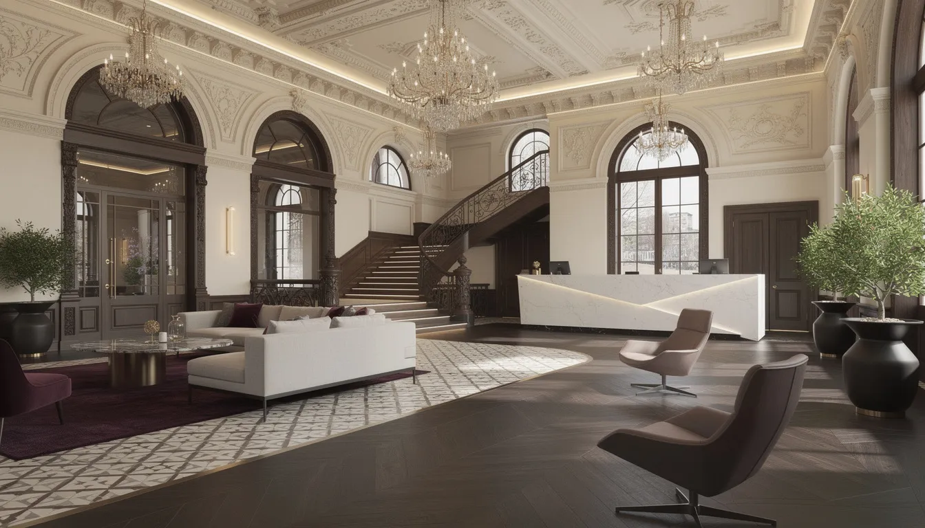 The image features an elegant hotel interior that beautifully combines Victorian architectural details with contemporary design elements, creating a warm and inviting atmosphere perfect for guests seeking a unique experience in Belfast city centre. This stylish space reflects the charm and character of boutique hotels in Belfast, making it an ideal spot for special occasions or a relaxing escape.