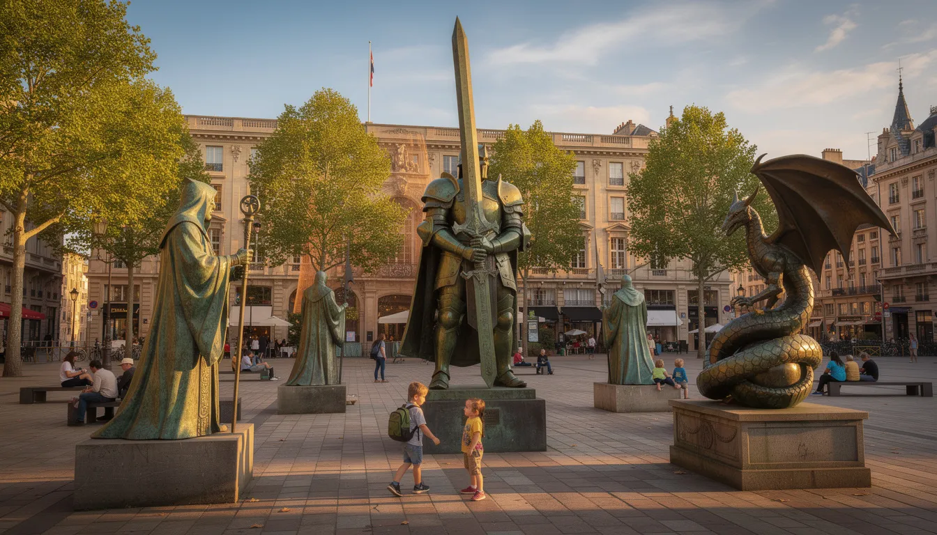 The image features bronze sculptures of various fantasy characters displayed in a public square, inviting visitors to explore and enjoy the rich history of Belfast city. This area, part of the vibrant city centre, offers a lovely walk for those interested in free attractions and local culture.