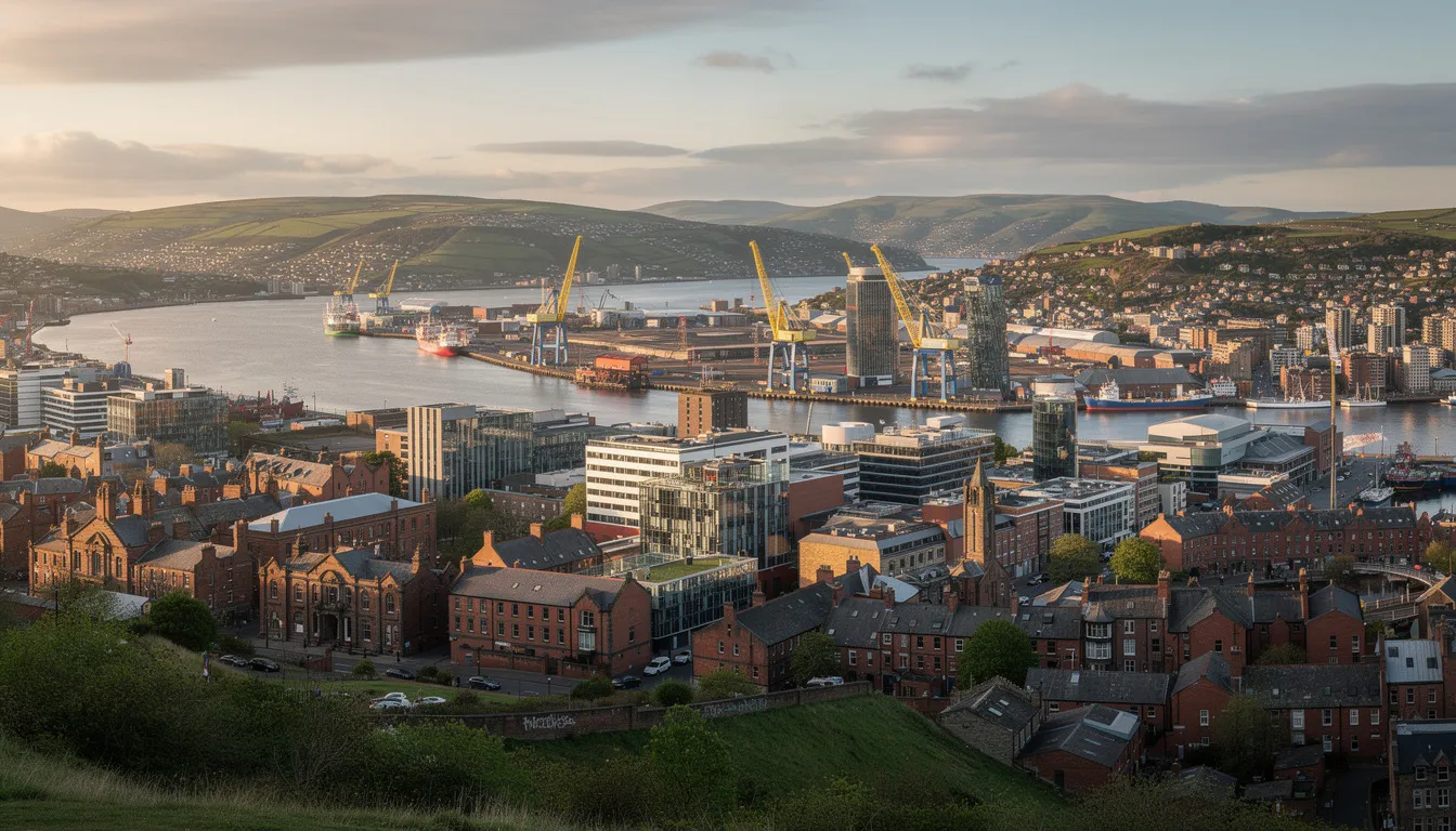 The image captures a panoramic view of Belfast from an elevated viewpoint, showcasing the city's skyline with notable landmarks such as the iconic Belfast City Hall and the lush greenery of Cavehill Country Park. This breathtaking vista highlights the rich history and vibrant atmosphere of Northern Ireland's capital, making it a must-visit for those exploring free attractions in the city.