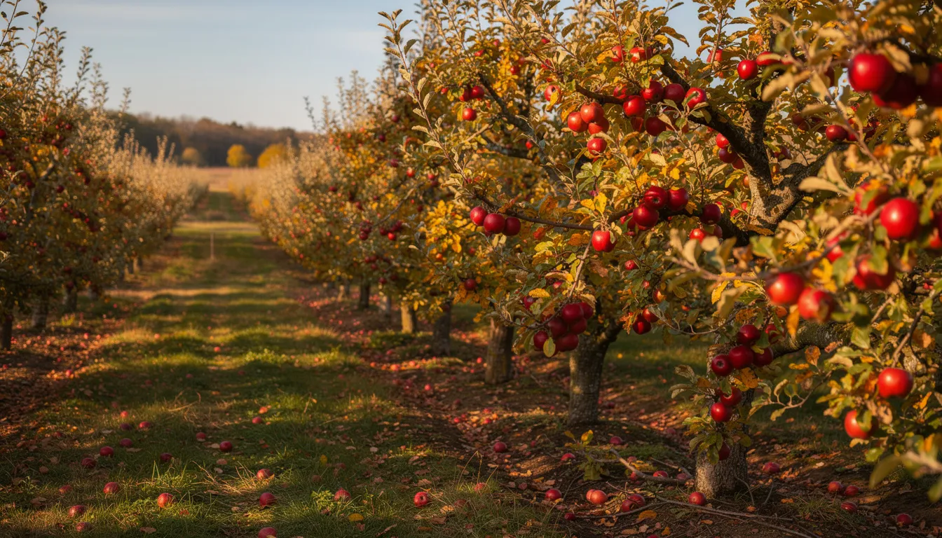 The image depicts a vibrant apple orchard during harvest season, with tree branches heavy with ripe red apples ready for picking. This picturesque scene captures the essence of Ireland's agricultural beauty, reminiscent of the orchards found in County Armagh, known for its outstanding natural beauty and delicious apple varieties like Bramley apples.