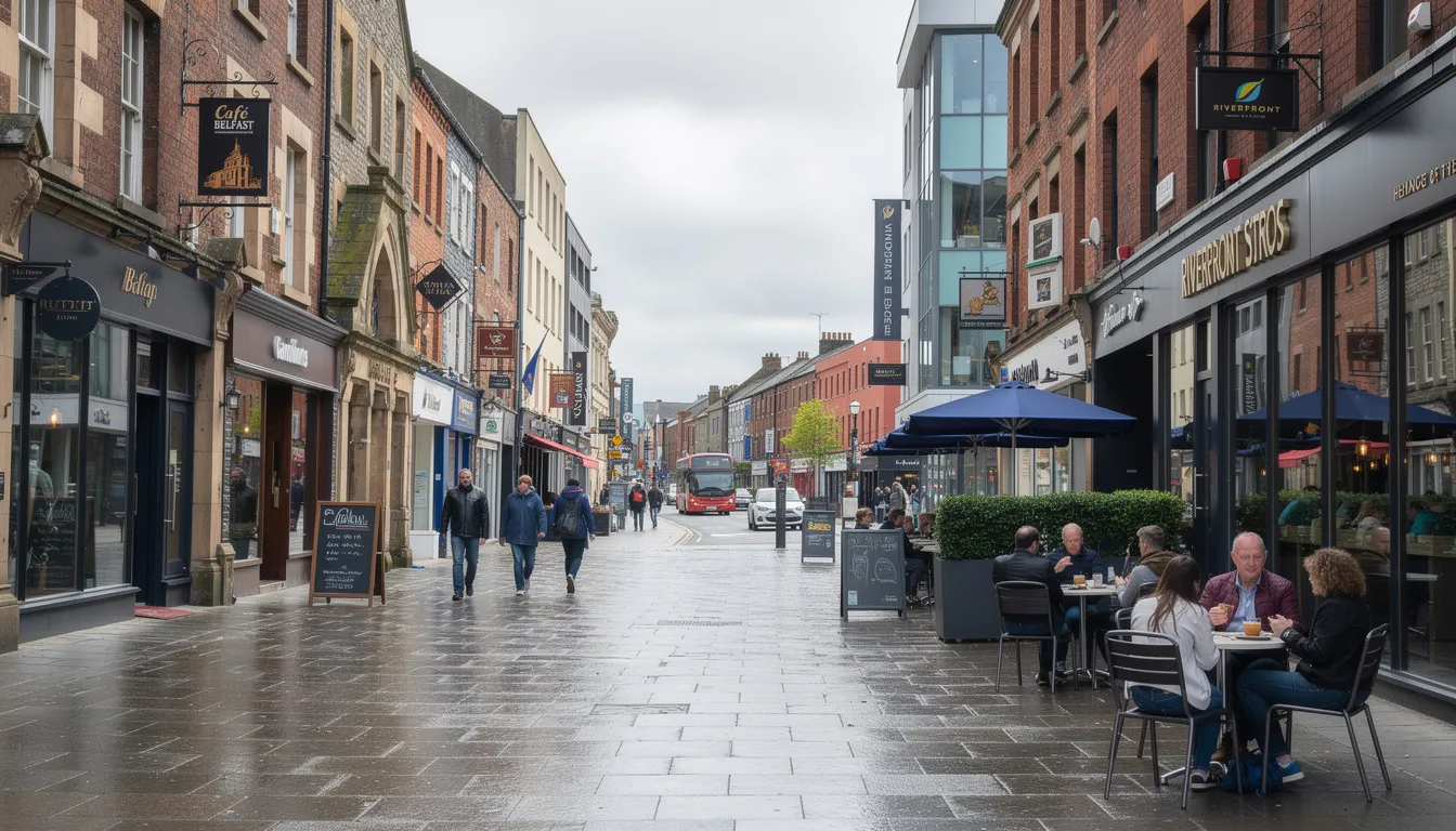 The image depicts a bustling street scene in Belfast city centre, featuring various restaurants and cafes with vibrant atmospheres, ideal for a quick lunch or dinner with friends and work colleagues. Locals and visitors alike enjoy the delicious food offered at these top restaurants, which boast extensive menus and a range of dishes, from vegetarian options to award-winning meals, all served in a warm and inviting environment.