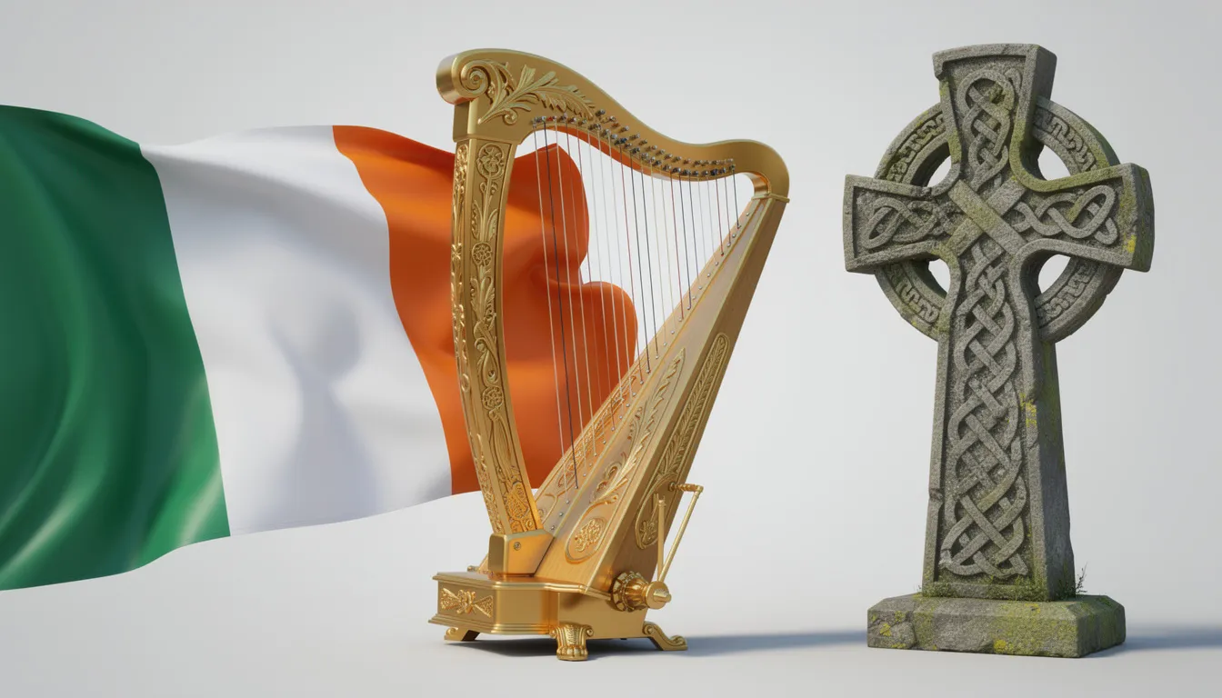 The image features a collection of iconic Irish symbols, including a traditional harp, the Irish tricolour flag, and a Celtic cross, representing the cultural heritage of Ireland. These elements highlight the significance of Saint Patrick, the patron saint of Ireland, and are often associated with celebrations like St. Patrick's Day.