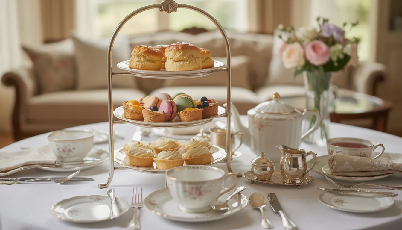 An elegant afternoon tea service is displayed on tiered stands, showcasing freshly baked scones and a variety of pastries, all presented on fine china. This luxurious experience is perfect for guests seeking a delightful treat in a five-star hotel in Belfast city centre.