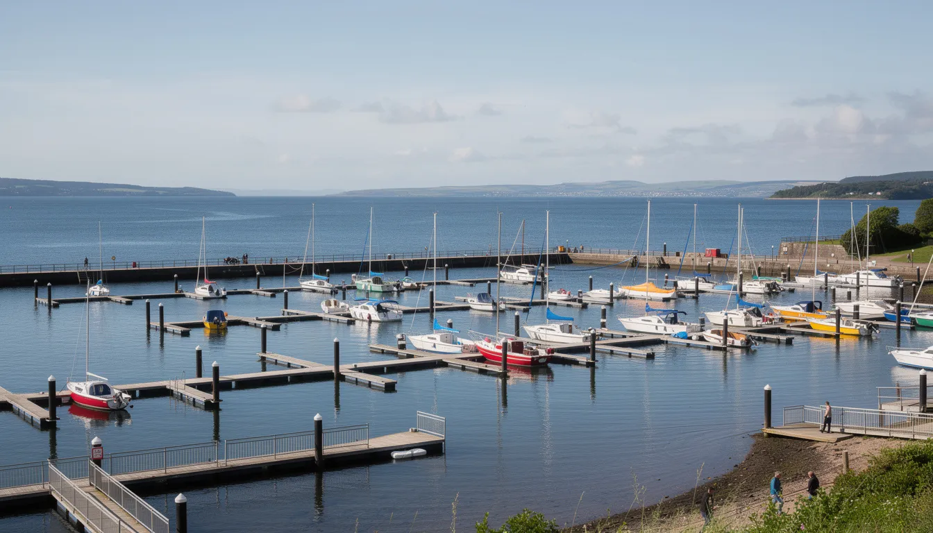 A scenic view of Bangor Bay showcases boats docked in Bangor Marina, with the picturesque Belfast Lough stretching out in the background. This charming seaside city in Northern Ireland offers a glimpse of its coastal beauty and vibrant marine life.