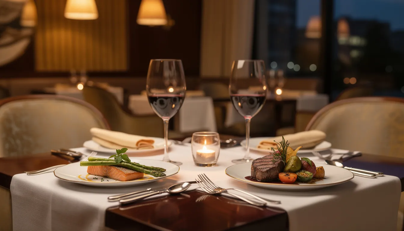 An elegant restaurant table setting features beautifully arranged wine glasses and plated delicious food, creating a warm and inviting atmosphere for guests to enjoy a meal in one of Belfast's top restaurants. This perfect venue is ideal for celebrating with friends or colleagues while savoring the extensive menu options.